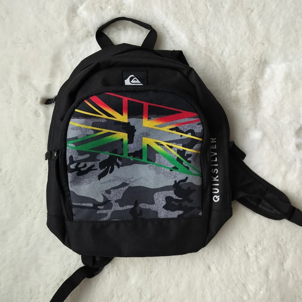 NWOT Quiksilver Black Backpack with Multicolor Design